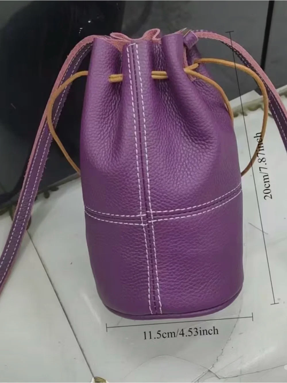 Genuine Leather Drawstring Bucket Bag — Purple
